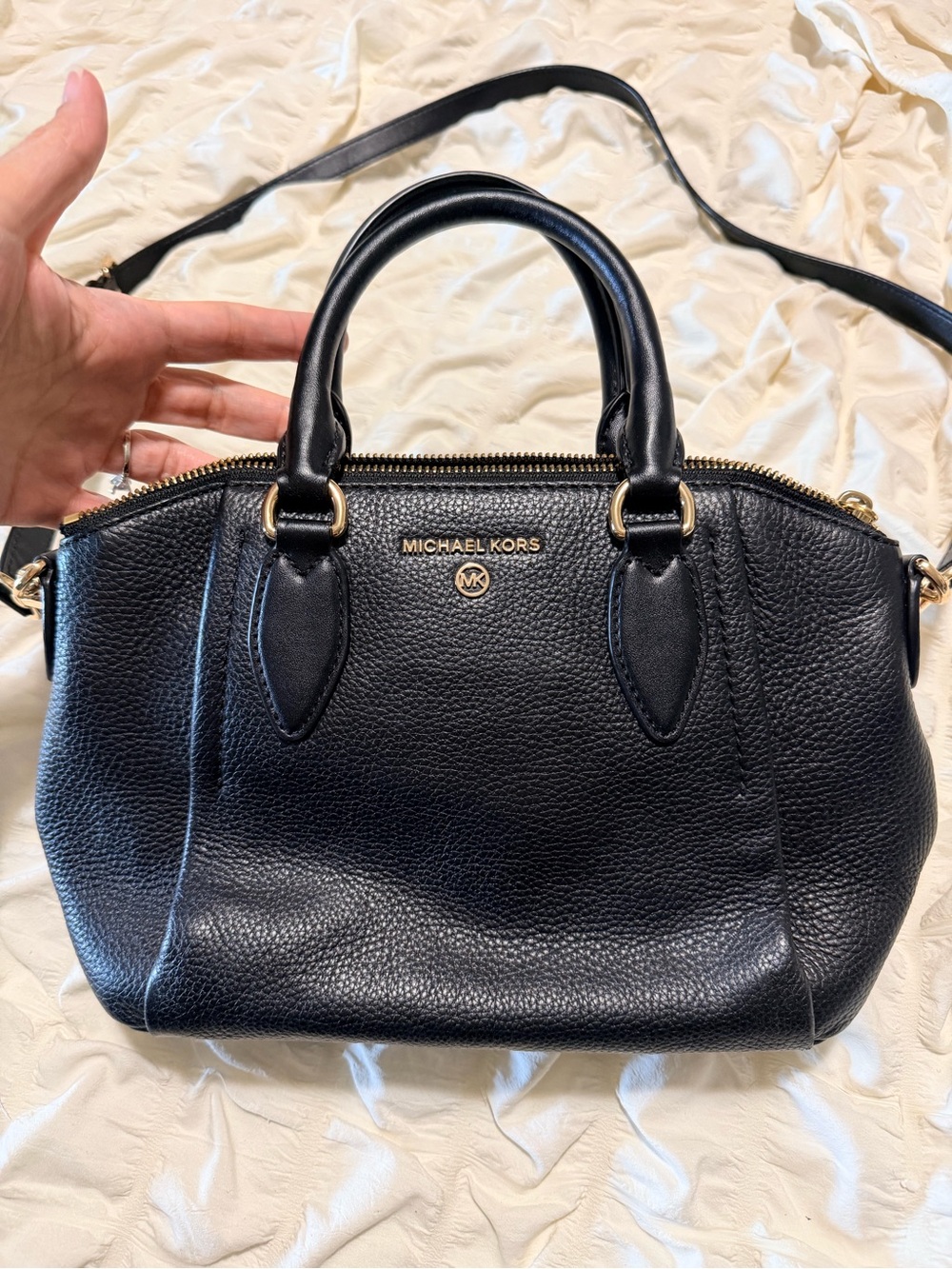 Michael Kors Black Pebbled Leather Satchel with Gold Accents